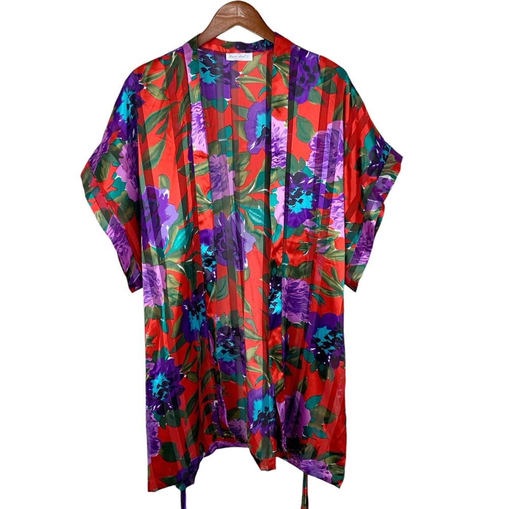 Vintage Lucie Ann II Robe Satin Red Floral Short Sleeves Length Women's L